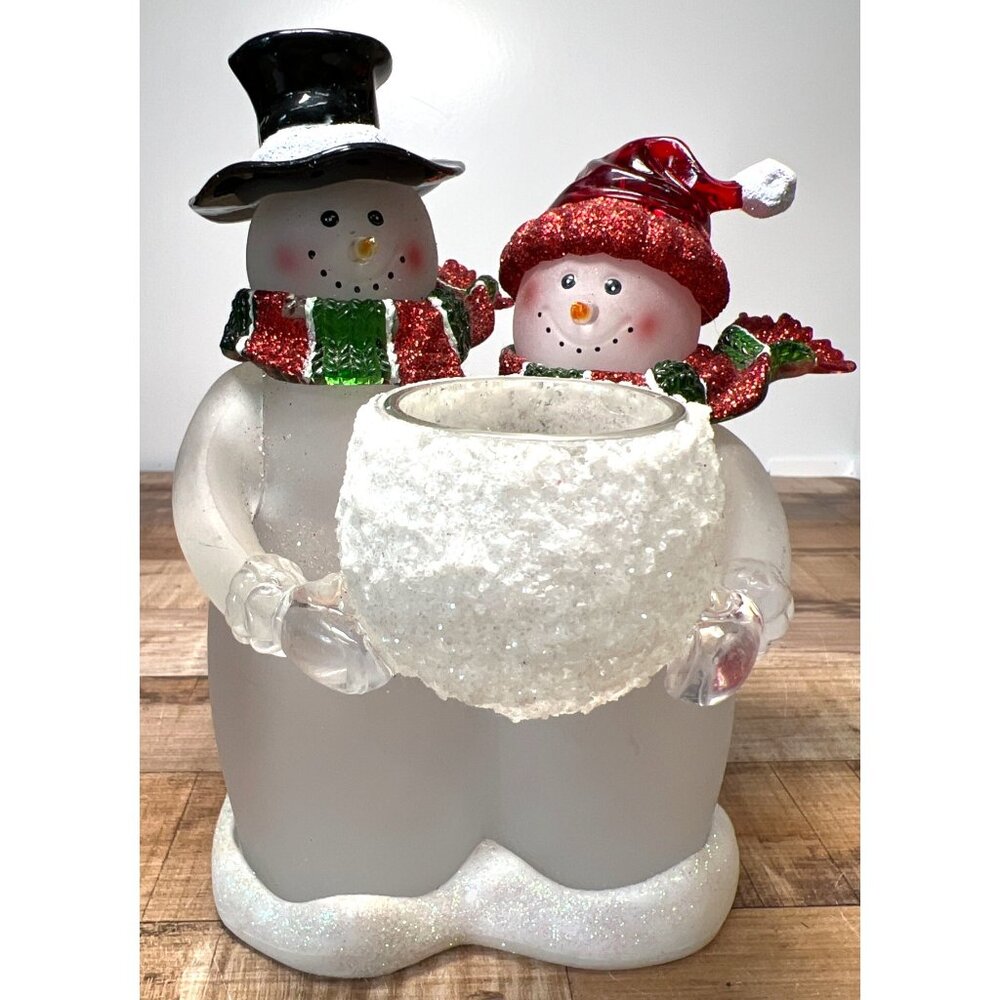 Christmas Snowman Couple Frosted Glass Candle Holder Festive Home Decor